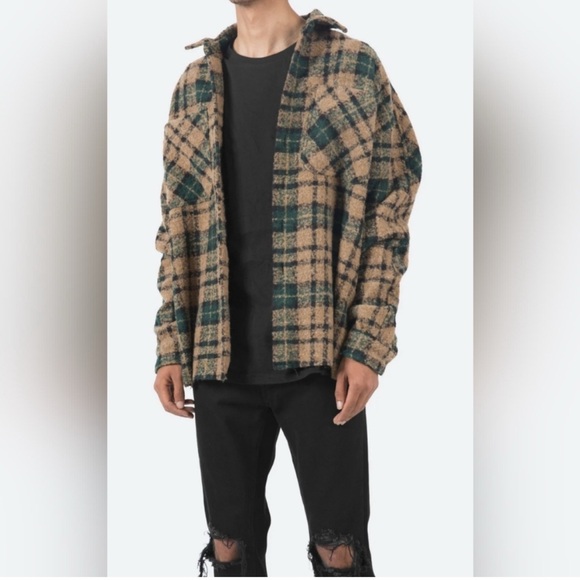 MNML Men's Tan Green Plaid Relaxed Oversized Fit Woven Shirt Jacket Size Medium - Picture 1 of 11